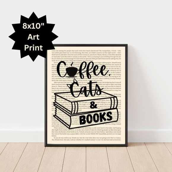 Other - Coffee Cats and Books Art Print, Coffee Decor, Coffee Bar Art